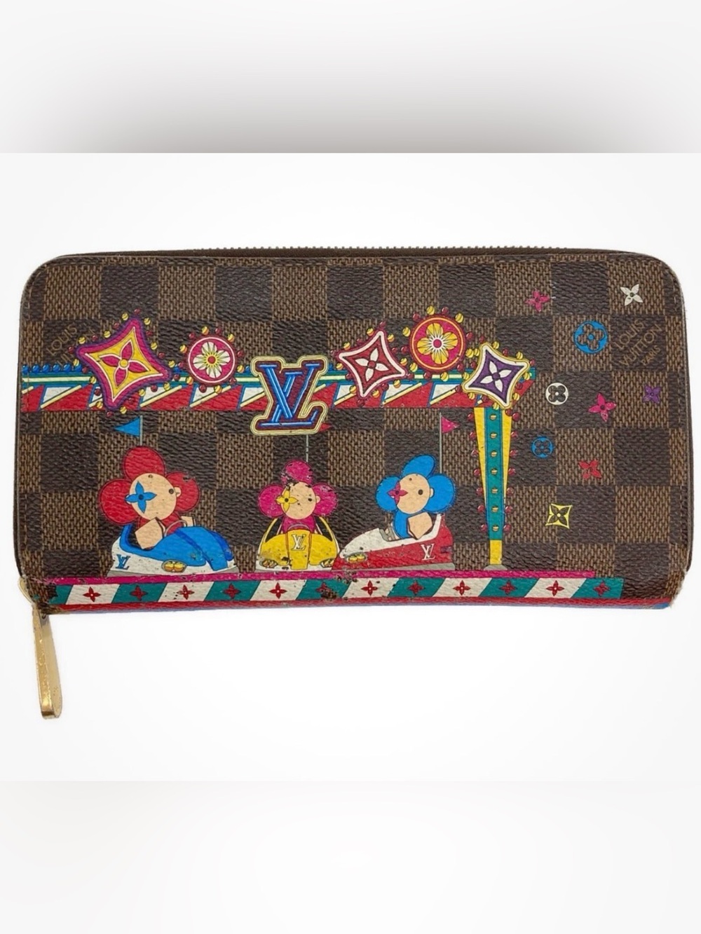 Louis Vuitton Damier Ebene Wallet Zip Long Vivienne Holiday Multicolor Print